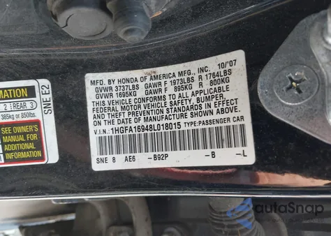 2008 Honda Civic Ex-L z USA, uszkodzony, nr VIN 1HGFA16948L018015